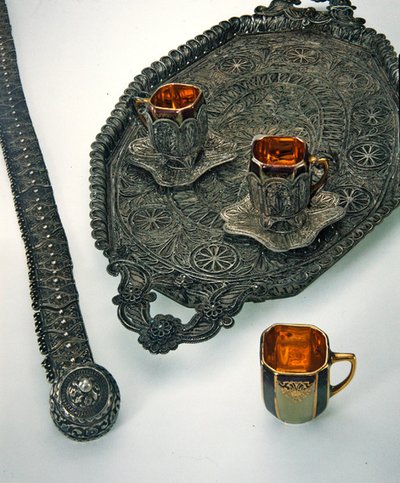Filigree belt and tray with cups by Syrian Syrian